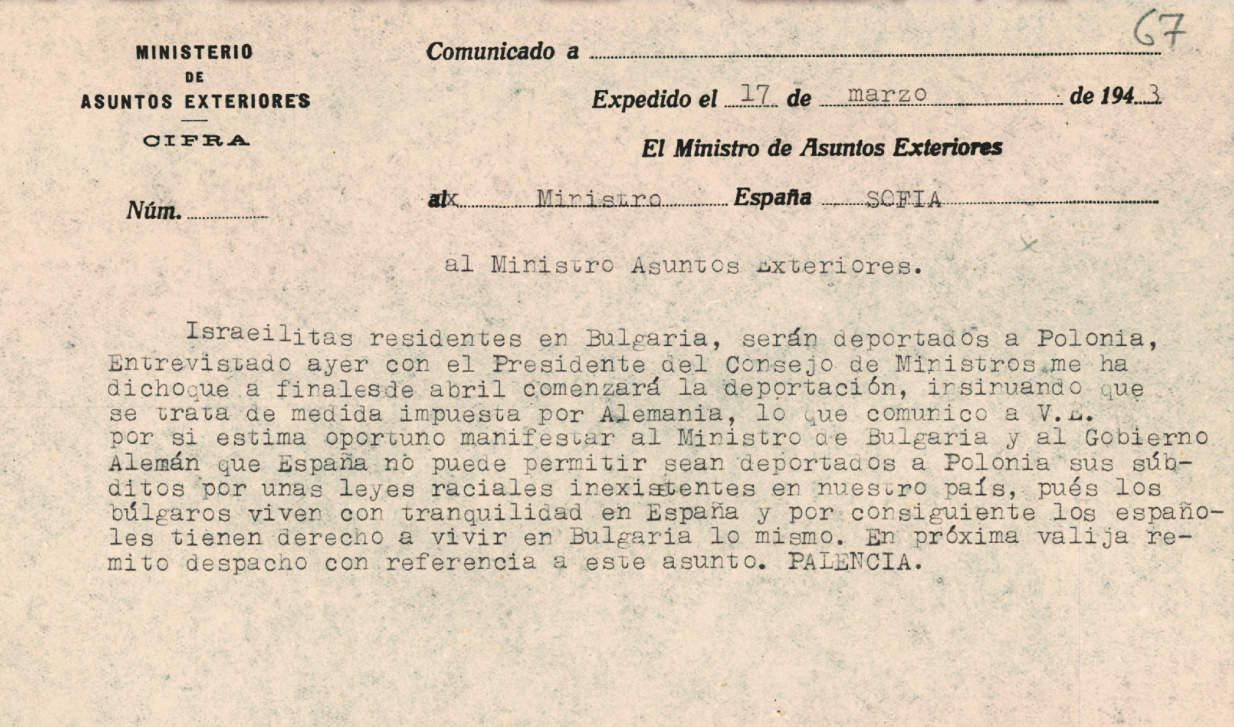  Palensijas rakstīta telegramma (1943. gada 17. marts), kurā tiek pieprasīts, lai Spānijas ebreji netiktu deportēti uz Poliju.