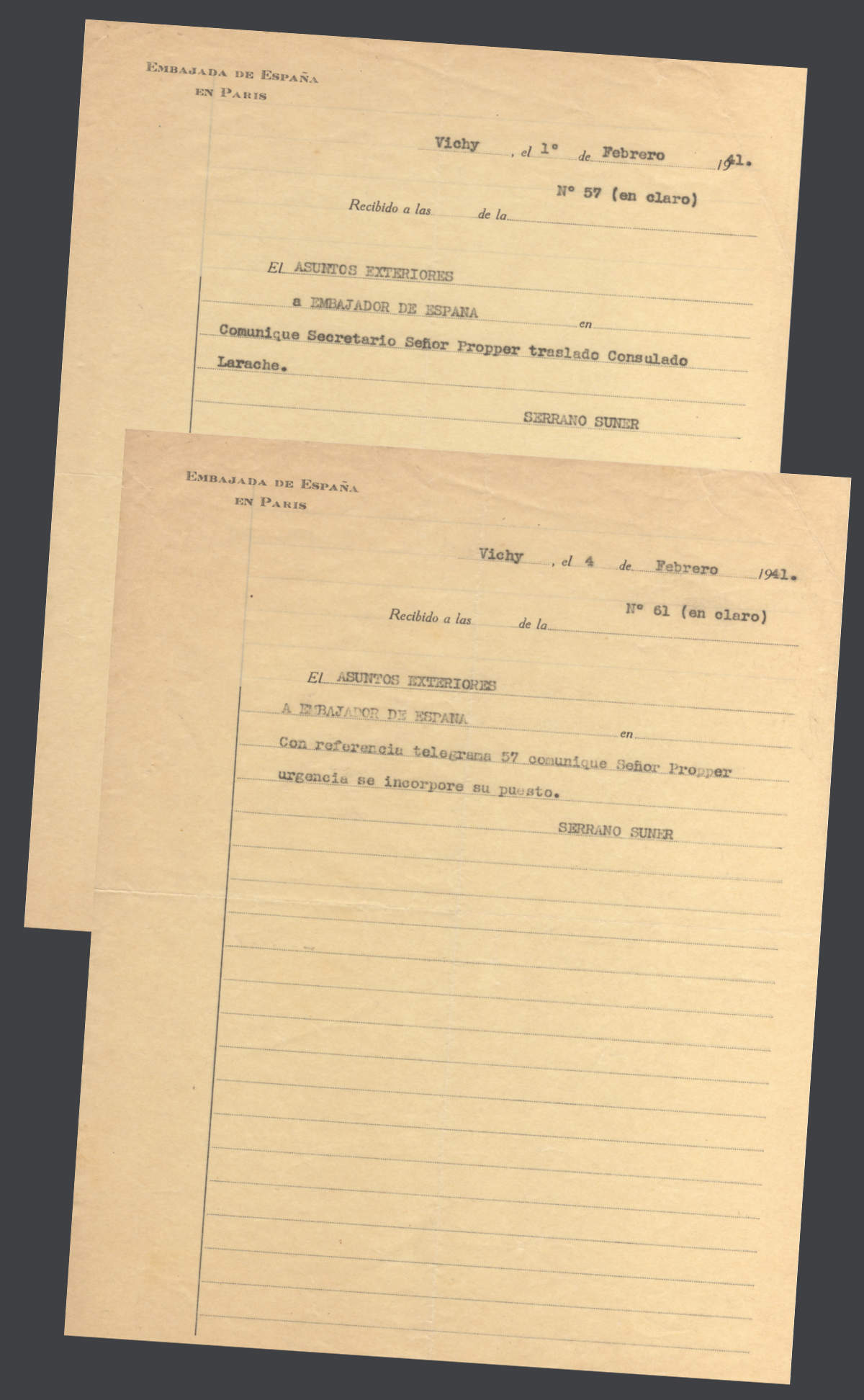 Divas telegrammas no Serrano Sunjera, kas ziņo par Propera pārcelšanu uz Larašu. 