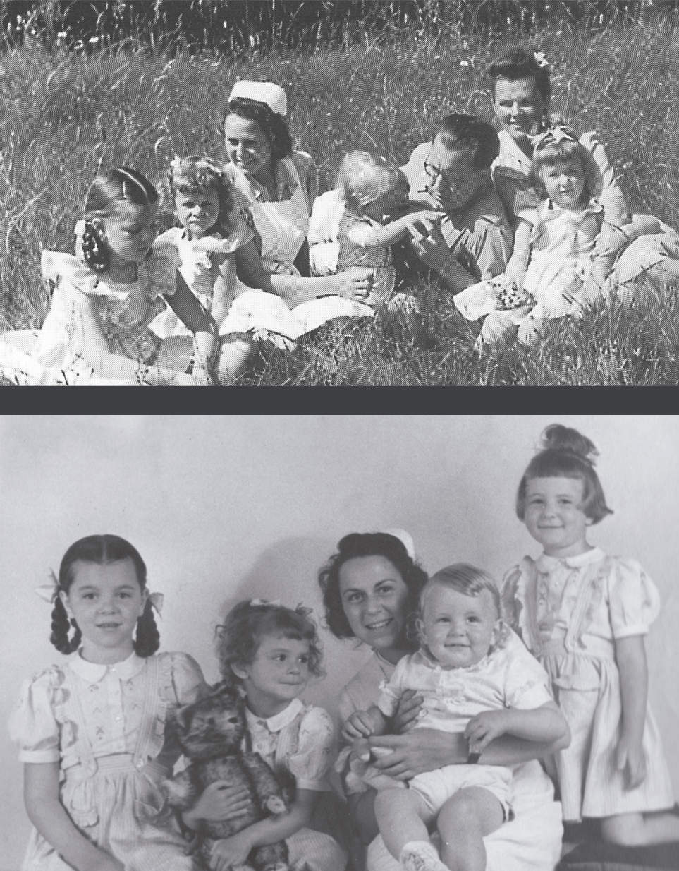 Divas fotogrāfijas ar Santaelju ģimeni kopā ar bērniem un ebreju auklīti Ruti Arndtu, kad viņa lietoja segvārdu Rute Noi.