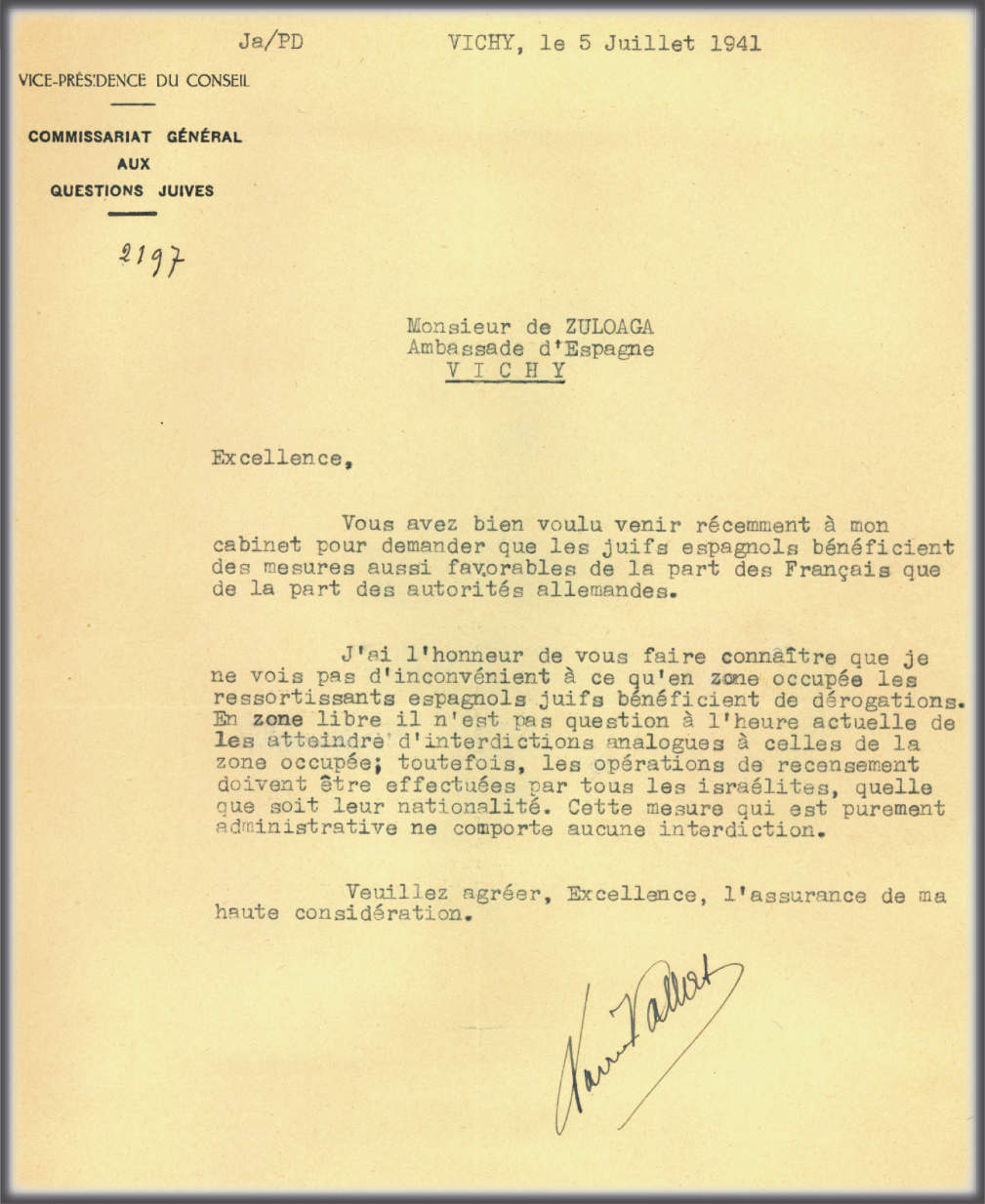 Vēstule no Ksavjera Valā, Ebreju lietu Ģenerālkomisariāta vadītāja, kurā viņš ziņo par Antonio Zuloagas darbību Višī.