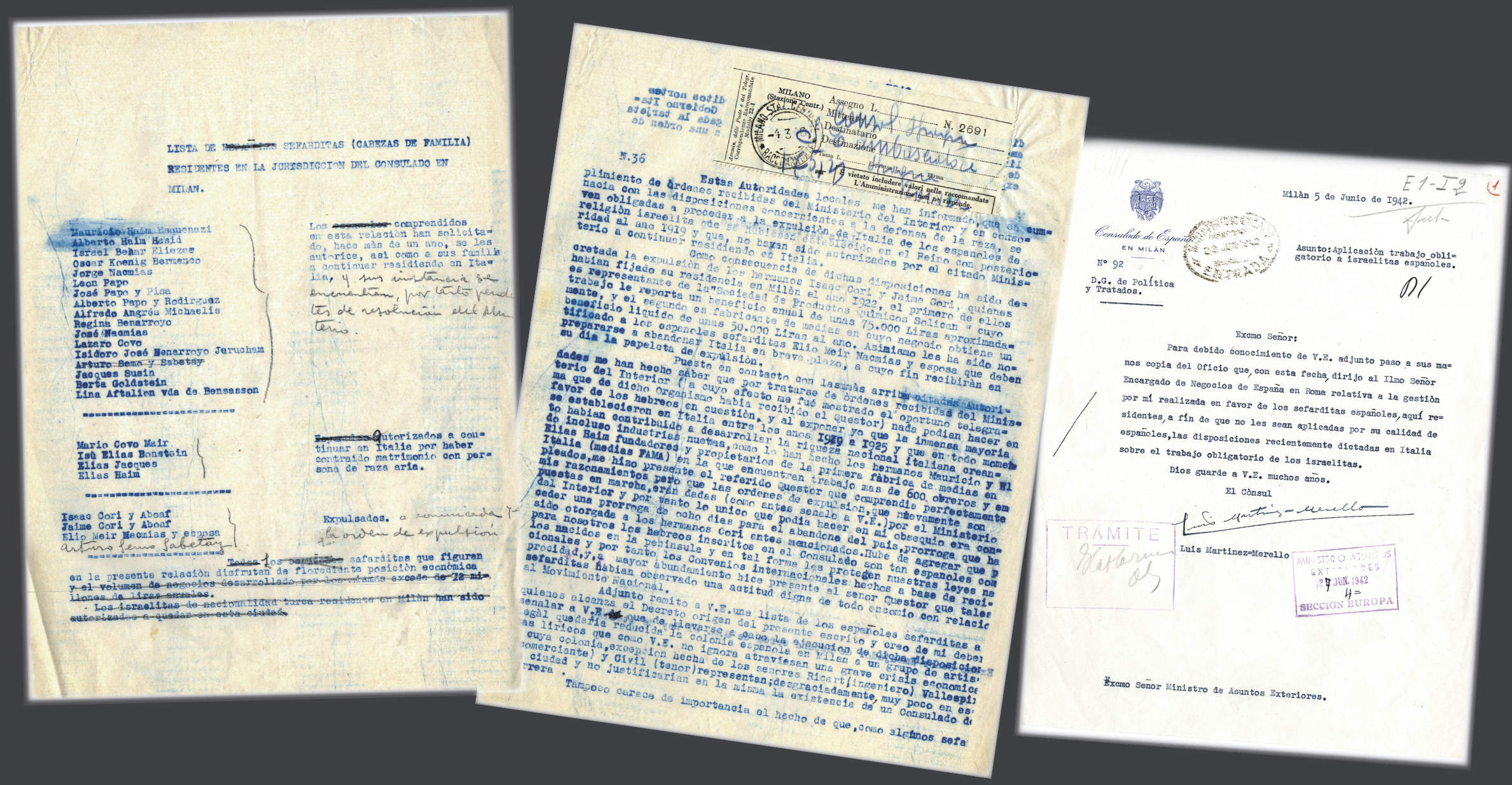 Sefardu saraksts (ģimenes galvas), kas dzīvoja Milānas konsulāta jurisdikcijā. Tālāk – Martinesa Mereljo ziņojumi (1942. gada 5.jūnijs), kas skaidro viņa darbu sefardu spāņu labā, lai tiem netiktu piemērots obligātais darbs.