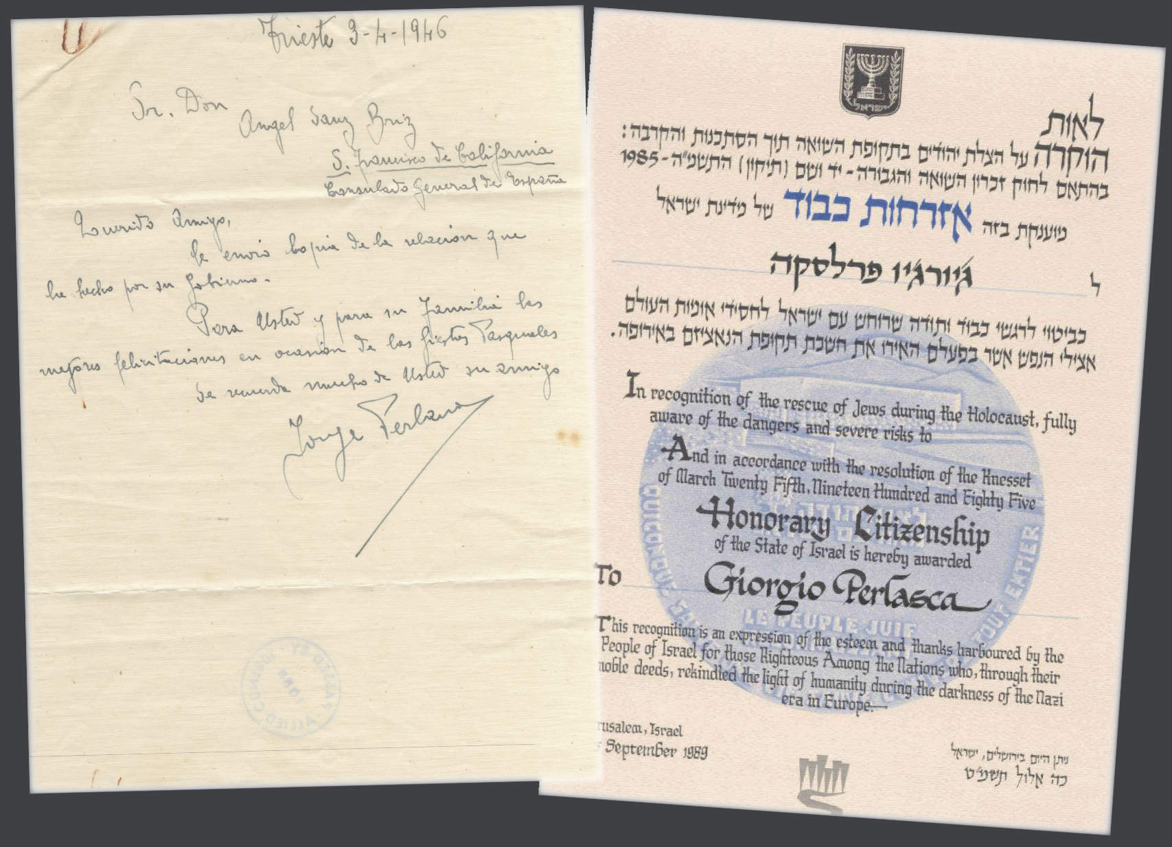 Džordžo Perlaskas vēstule Sansam Brisam  1946. gada aprīlī. Pa labi – Goda diploms, kuru izsniegusi Izraēlas valsts, piešķirot viņam goda pilsoņa titulu.