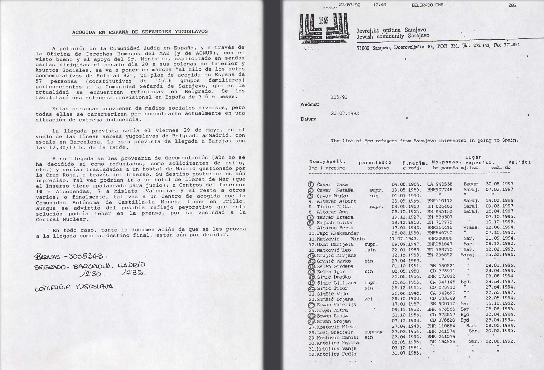 Ziņojums par Bosnijas sefardu ebreju uzņemšanas plānu operācijas „Sefarad '92” ietvaros. Pa labi – Sarajevas ebreju kopienas sūtīts saraksts ar sefardu bosniešiem, kuri saņēma palīdzību no Spānijas valdības bēgļu programmas. 