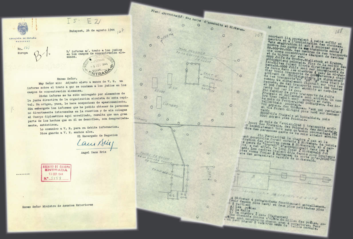Anhela Sansa Brisa ziņojums, ar kuru tiek nosūtīts detalizēts apraksts par Aušvicas-Birkenavas nometni un ebreju masveida nogalināšanu, kuru viņš slepeni saņēmis no Budapeštas Cionistu organizācijas līderiem 1944. gada augustā. Nometnes un gāzes kameras plāns.