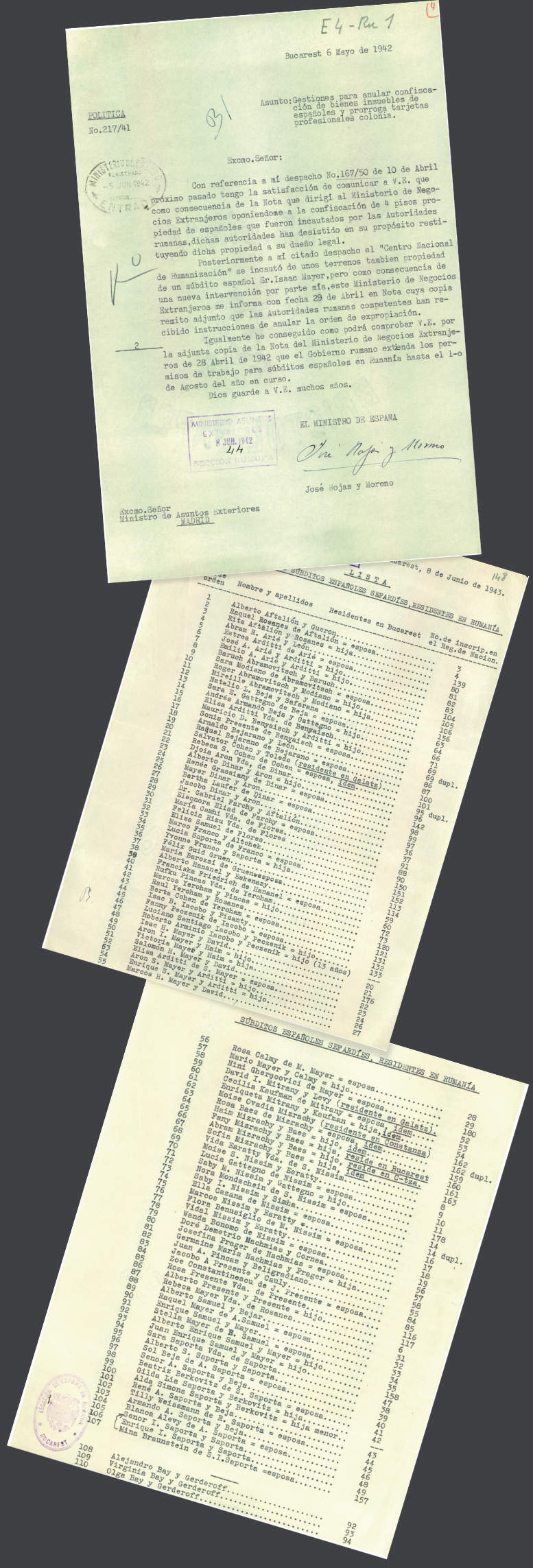Ziņojums 1942. gada 6. maijā, kas vēsta par darbībām, kuras Kasa Rohass bija veicis, lai atceltu spāņiem piederošo nekustamo īpašumu konfiskāciju. Lejā – saraksts ar 110 Rumānijā dzīvojošiem Spānijas sefardu subjektiem, kuriem Kasa Rohass izgādāja evakuācijas atļaujas (1943. gada 8. jūnijs).