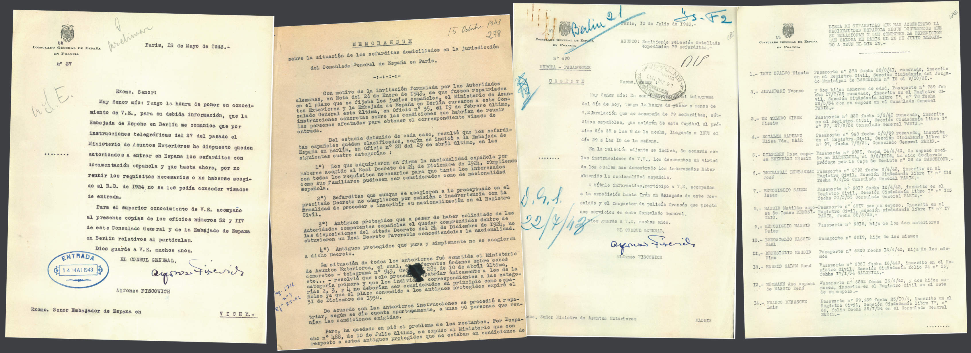 Pirmais dokuments – Fišoviča ziņojums (1943. gada 13. maijs), informējot vēstnieku Lekeriku, ka viņš saņēmis norādījumus no Ārlietu ministrijas caur vēstniecību Berlīnē piešķirt ieceļošanas vīzas arī “protekcijā esošajiem”. Pa labi – memorands par Spānijas ģenerālkonsulāta Parīzē jurisdikcijā dzīvojošo sefardu stāvokli. Tālāk: Fišoviča ziņojums ar detalizētu 79 sefardu sarakstu – ar Spānijas pilsoņiem, kuri tika repatriēti 1943. gada jūlija beigās.